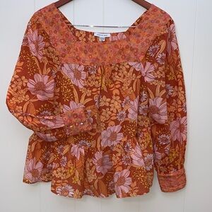 American Eagle Outfitters Floral  Baby Doll Square NeckBlouse in Orange and Pink
